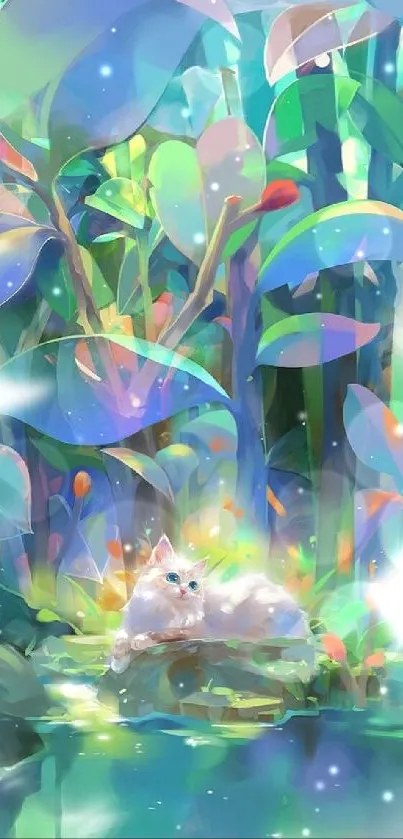 Whimsical colorful forest with a white cat lounging.