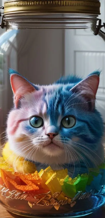 A colorful cat sits inside a glass jar with rainbow candies.