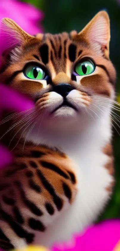 Beautiful cat with green eyes surrounded by pink flowers.