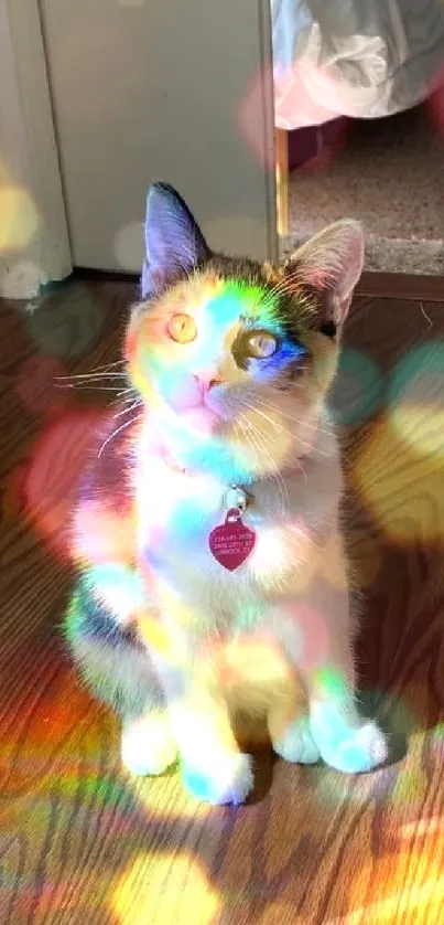 Cute cat in rainbow light on wooden floor, creating vibrant patterns.