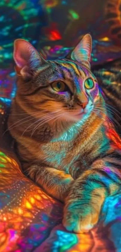 Colorful cat basking in rainbow light on a bed.