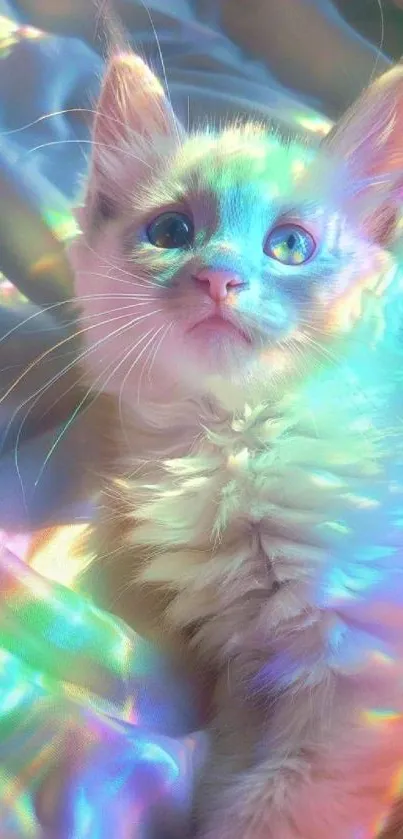 Fluffy cat in colorful rainbow light on soft fabric.