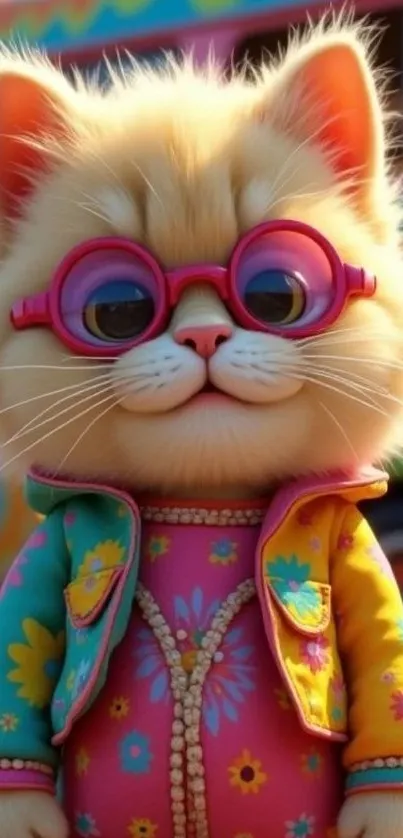 Cartoon cat wearing colorful glasses and retro outfit with vibrant background.
