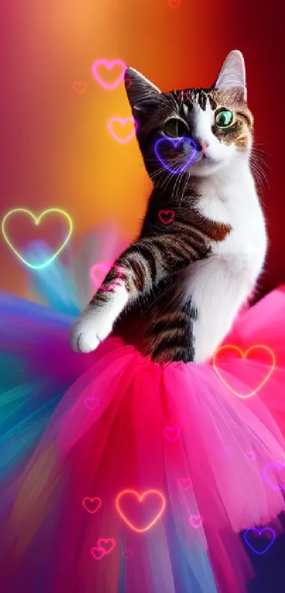 Playful cat wearing a colorful tutu against a vibrant gradient background.