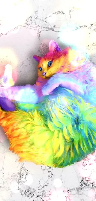 A rainbow-colored cat on a white marble background, creating a vibrant art piece.