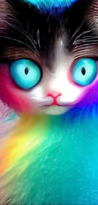 Surreal cat with blue eyes and rainbow fur in colorful mobile wallpaper.