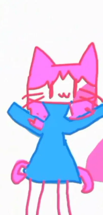 Cute cartoon cat in pink and blue on wallpaper.