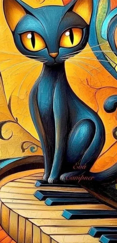 Stylized cat sitting on colorful piano keys with vibrant abstract background.