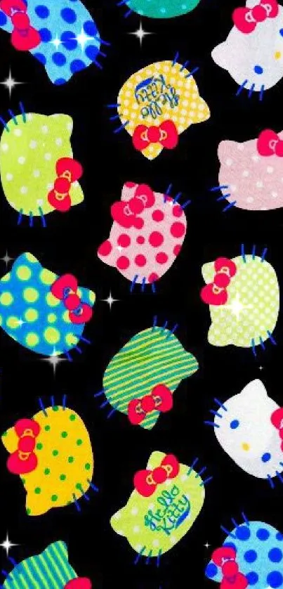 Colorful Hello Kitty pattern on black wallpaper.