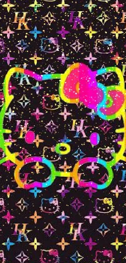 Colorful cat pattern mobile wallpaper with a neon style on a black background.