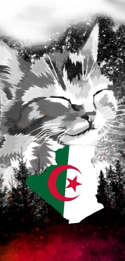 Vivid wallpaper with cat and Algeria theme on phone screen.