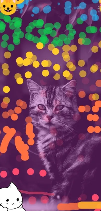 Colorful wallpaper with a cat and doodles.