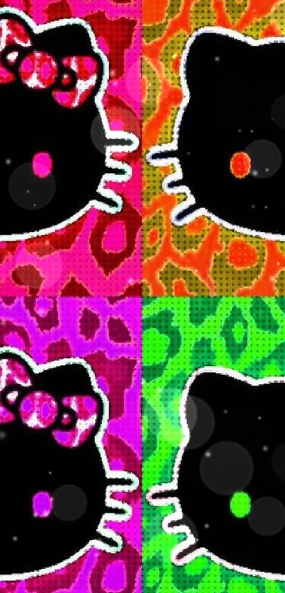 Colorful cat pop art wallpaper with leopard print background.