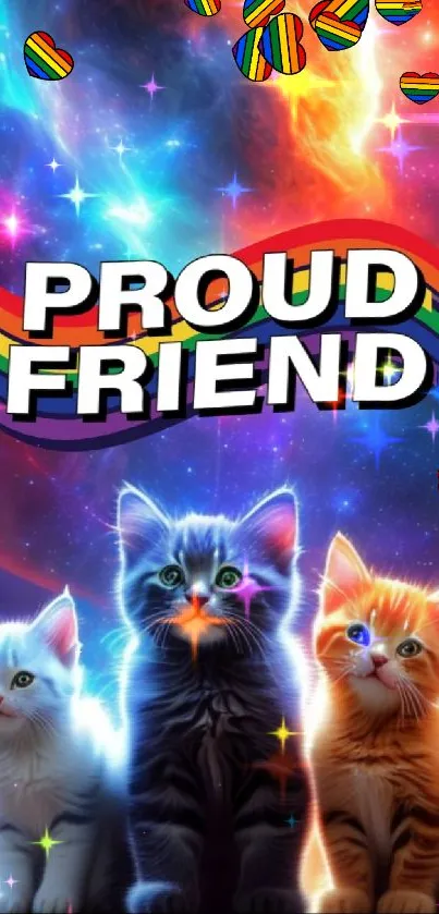 Three colorful kittens in a cosmic background with "Proud Friend" text.