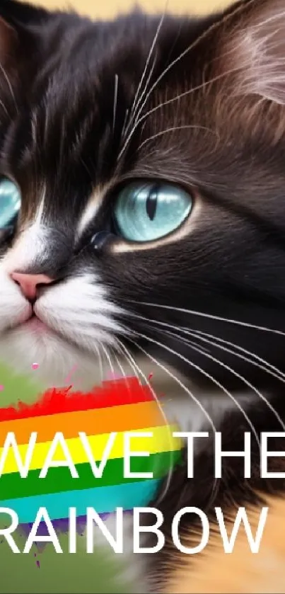 A striking wallpaper of a cat with rainbow hues on a mobile screen.