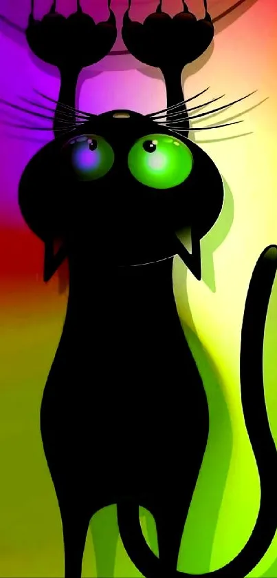 Colorful neon wallpaper with black cat silhouette.