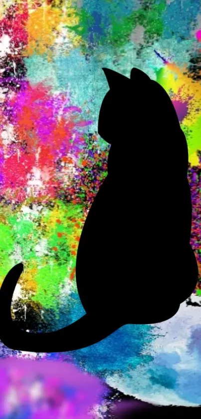 Black cat silhouette on colorful abstract background.