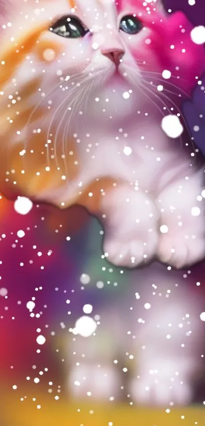 Colorful artistic cat with snowflakes in vibrant hues.