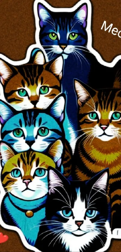 Colorful cat sticker art on a brown background with 'Meow' text.