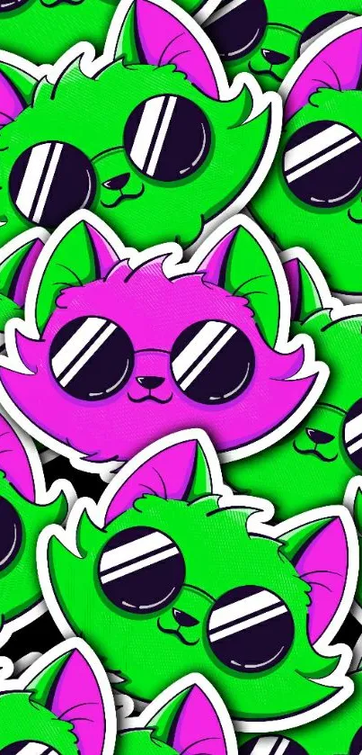 Vibrant wallpaper featuring neon cats with sunglasses.