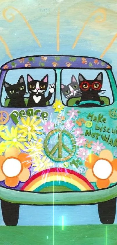 Whimsical cats in a colorful, flower-adorned van with peace symbols.