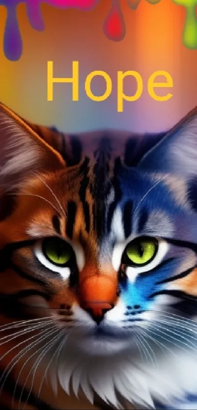 Colorful cat with 'Hope' text, artistic design.