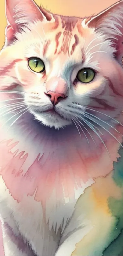 Colorful watercolor cat painting with pastel hues for mobile wallpaper.