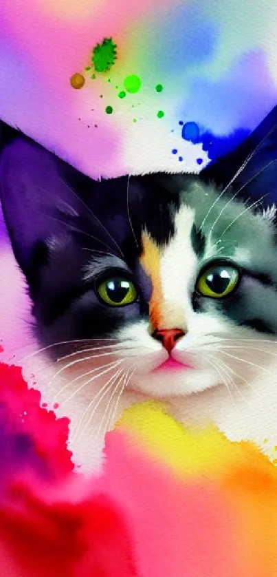 Colorful watercolor painting of a cat with abstract background.