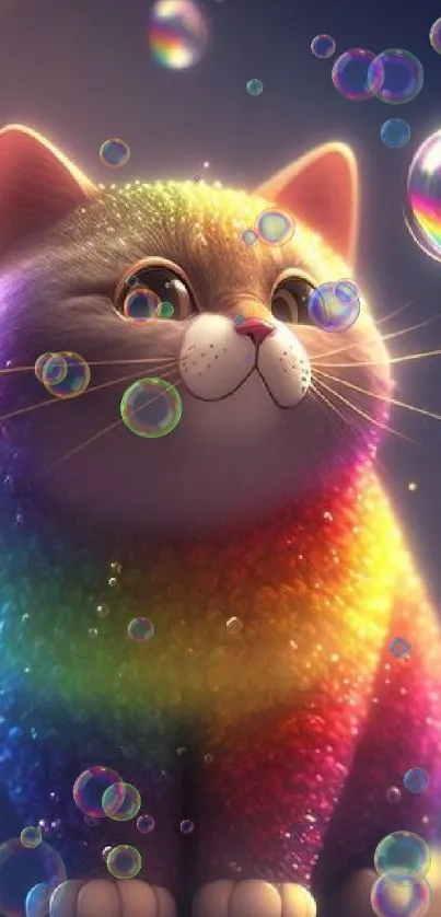 Cute rainbow cat surrounded by bubbles on a mobile wallpaper.