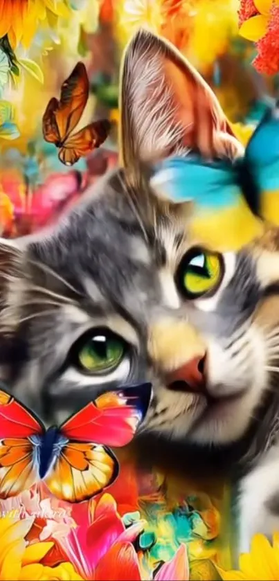 Playful cat with vibrant butterflies and flowers.