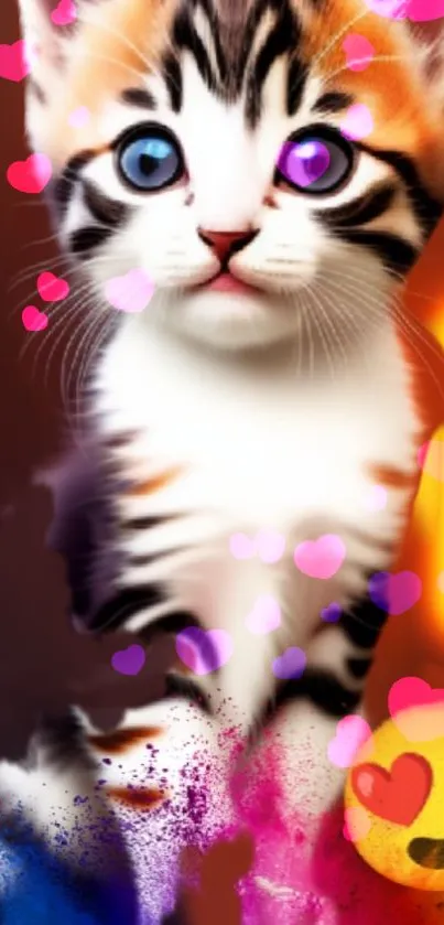 Cute cat with colorful eyes and emoji accents wallpaper.