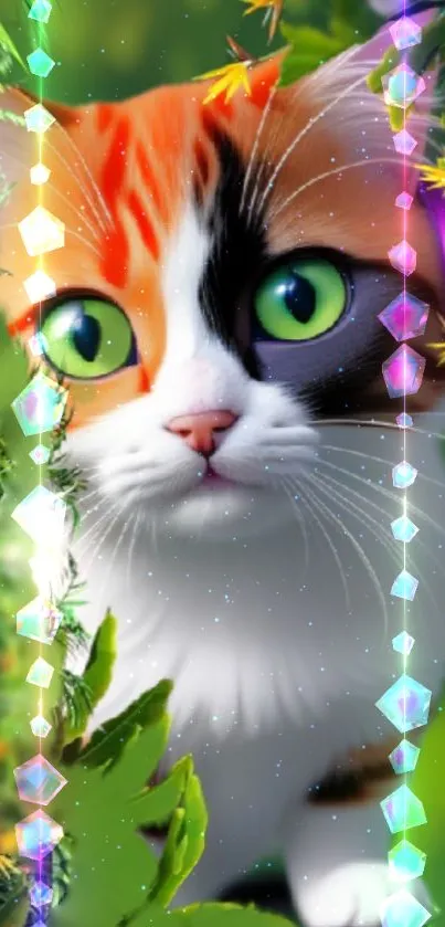 Adorable cat with vivid green eyes among greenery and jewels.