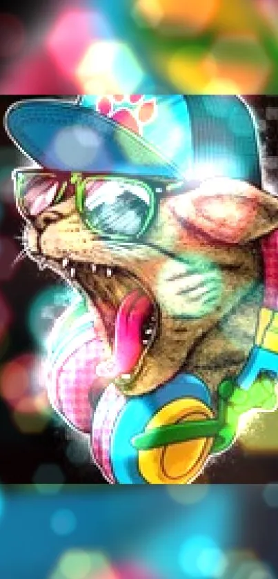 Stylish cat wearing headphones and sunglasses with vibrant colors.