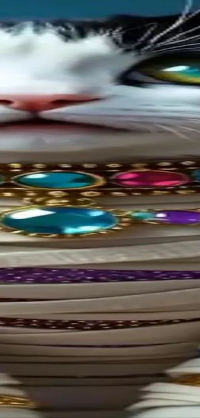 Colorful cat with adorned jewels in a vibrant art style.