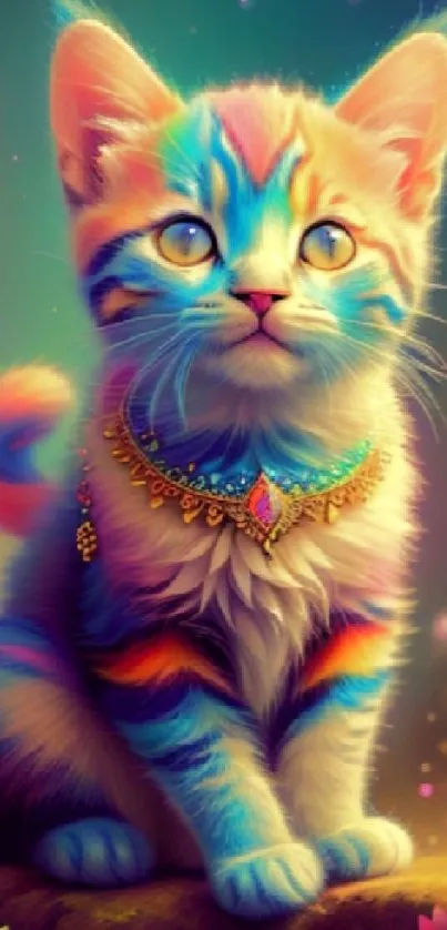 A colorful cat adorned with a jeweled necklace, surrounded by a vibrant fantasy backdrop.