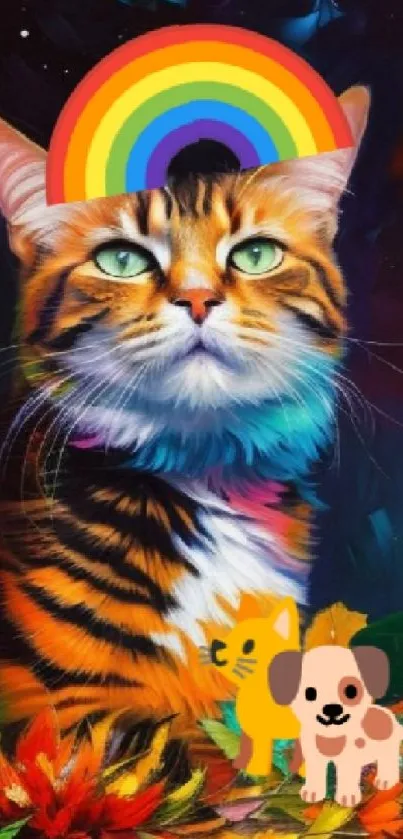 Colorful cat with rainbow and animal graphics in mobile wallpaper.