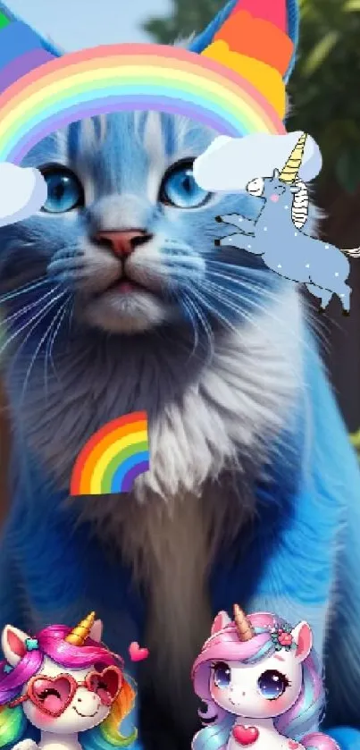 Blue cat with rainbows and unicorns in a whimsical setting.