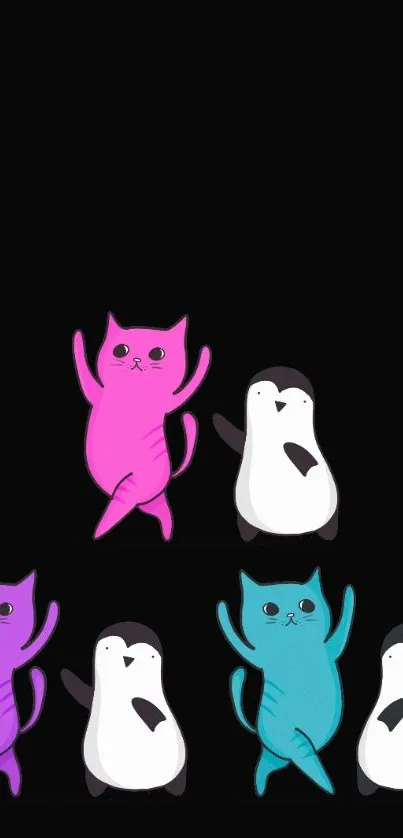 Colorful cats and penguins on a black wallpaper.