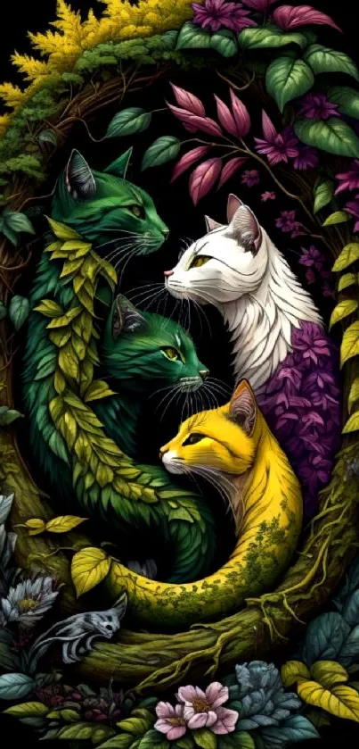 Illustration of colorful cats with floral elements on a dark background.