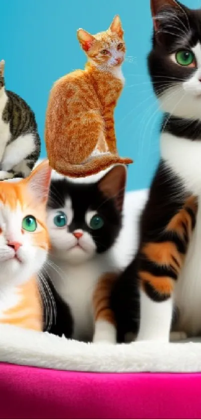 Colorful kittens on a blue background in a pink basket.