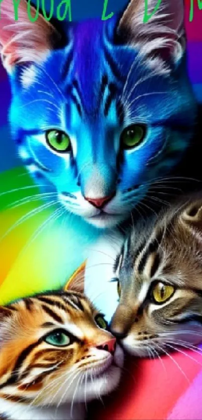 Vibrant wallpaper of colorful cats with rainbow background.