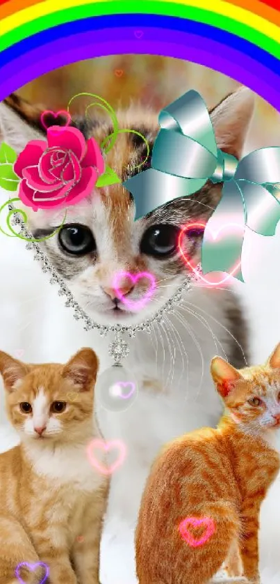 Cats with flowers and bows under a rainbow.