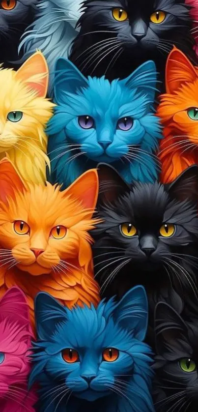 Vibrant wallpaper of colorful digital cats in various shades and designs.