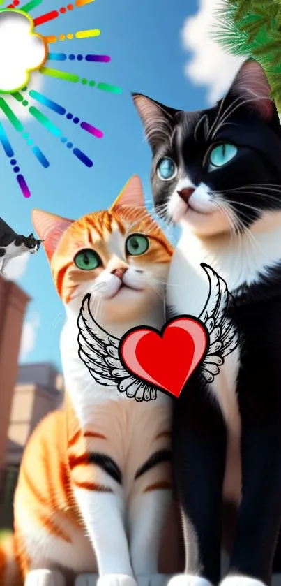 Adorable cats with heart and wings under a sunny sky.