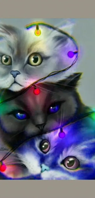 Three colorful cats wrapped in festive lights on a gray background.