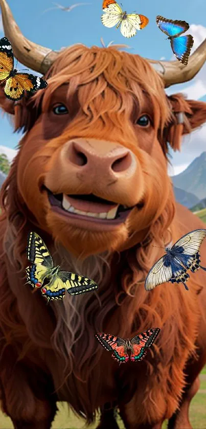 Highland cow with butterflies in vibrant, lush landscape.