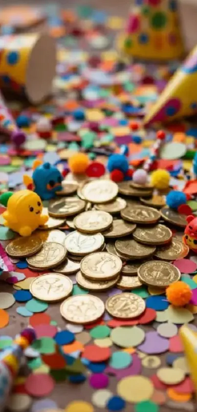 Festive mobile wallpaper with confetti, coins, and toys.