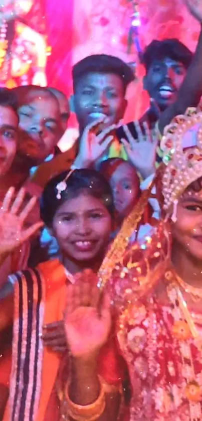 Joyful group celebrating in traditional attire, vibrant and colorful.