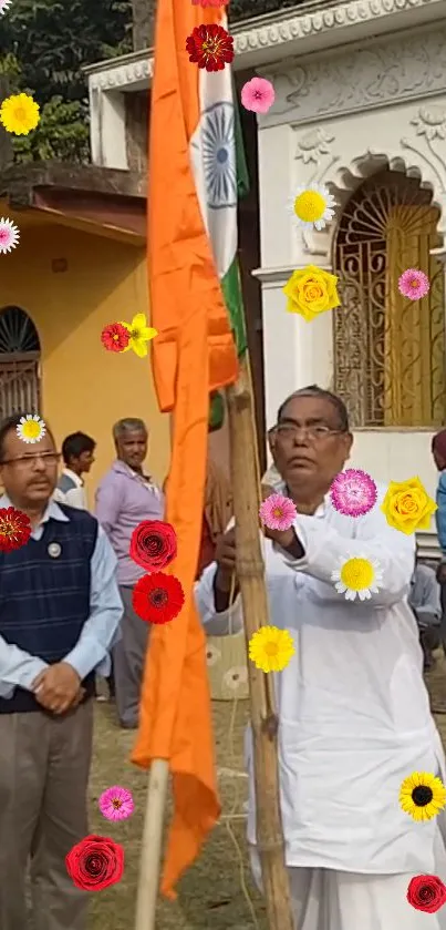 Indian flag ceremony with vibrant flowers.