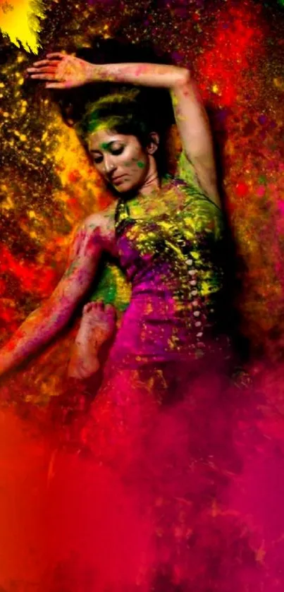 Person joyfully surrounded by colorful splashes of vibrant colors.